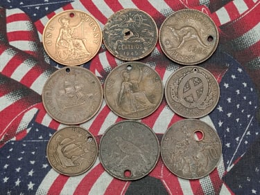 (9) Foreign Coins all with holes 