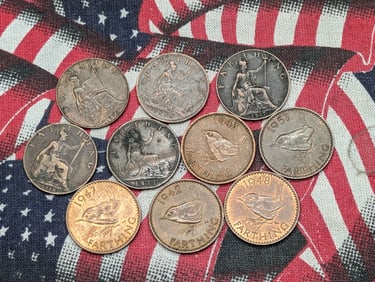 (10) United Kingdom Farthings 1873 Bent, 1885, 1917, 1918, 1924. 1942,1943,1947,1948, 1951