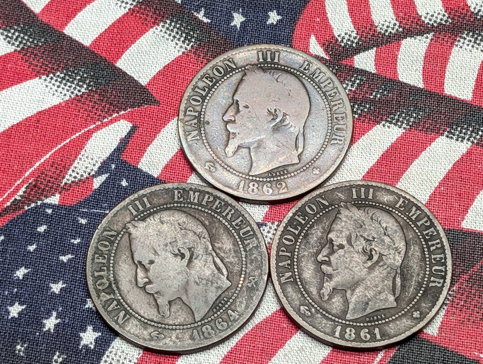 (3) French Ten Centimes 1861, 1862, 1864: (3) French Ten Centimes 1861, 1862, 1864