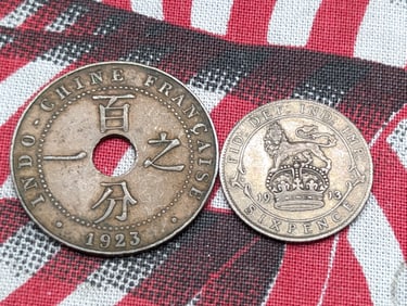 1913 United Kingdom Silver Sixpence & 1923 French Indo-China 1 Cent (2 PCS)