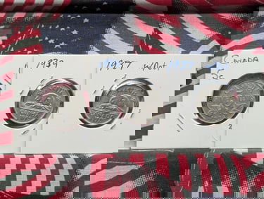 (3) Canadian Nickels 1936, 1937 w/Dot, 1939