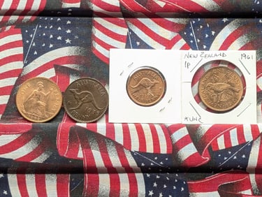 1966 Great Britain Large Cent, 1939 Australia Large Cent, 1961 New Zealand Large Cent , 1959 Austral