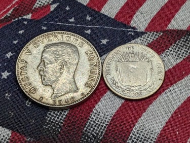 1892 Costa Rica 10 Silver Centavos & 1940-G Sweden Silver 1  Krona (2 PCS)