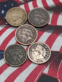 Lot of 5 Various Dated Copper Nickel Indian Head Cents
