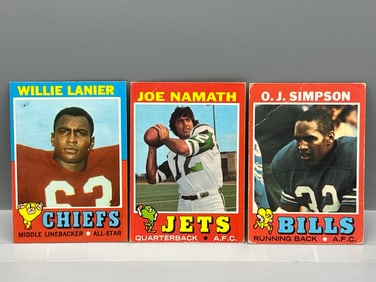 1971 Topps Willie Lanier RC #114, Joe Namath #250, & O.J. Simpson #260