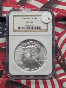 1986 Brilliant, Uncirculated Silver American Eagle Graded MS69 By NGC Grading Company.