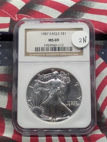 1987 Brilliant, Uncirculated Silver American Eagle Graded MS69 By NGC Grading Company.