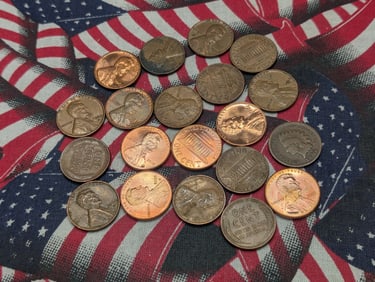 18 Various Date Memorial Cents, 1 Indian Head Cent, 1 Wheat Cent