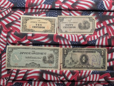 1943 Japan 10, 50 Centavos And 1, 10 Pesos Philippines WWII Military Invasion Currency. 4 Notes.