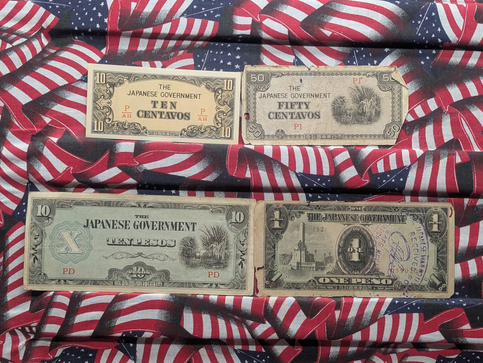 1943 Japan 10, 50 Centavos And 1, 10 Pesos Philippines WWII Military Invasion Currency. 4 Notes. (1 of 5)