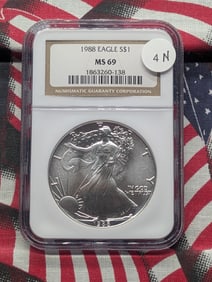 1988 Brilliant, Uncirculated Silver American Eagle Graded MS69 By NGC Grading Company.
