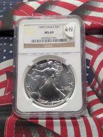 1989 Brilliant, Uncirculated Silver American Eagle Graded MS69 By NGC Grading Company.