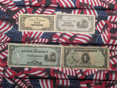 1943 Japan 10, 50 Centavos And 1, 10 Pesos Philippines WWII Military Invasion Currency. 4 Notes.