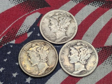 1928-P 1928-D 1928-S Mercury Head Dimes. 3 Coins.