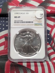 1990 Brilliant, Uncirculated Silver American Eagle Graded MS69 By NGC Grading Company.