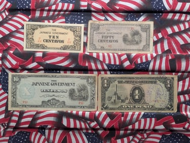 1943 Japan 10, 50 Centavos And 1, 10 Pesos Philippines WWII Military Invasion Currency. 4 Notes.