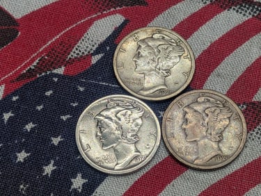 1920-P 1920-D 1920-S Mercury Head Dimes. 3 Coins.