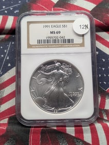 1991 Brilliant, Uncirculated Silver American Eagle Graded MS69 By NGC Grading Company.