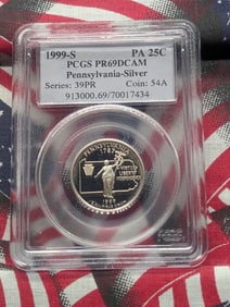 1999-S Pennsylvania Silver State Quarter. 90% Silver. PCGS PR69DCAM. Top Tier Grader