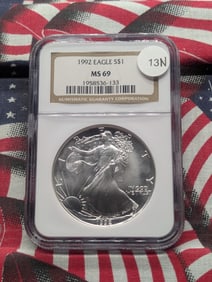 1992 Brilliant, Uncirculated Silver American Eagle Graded MS69 By NGC Grading Company.