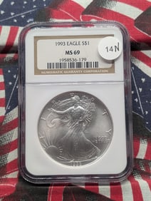 1993 Brilliant, Uncirculated Silver American Eagle Graded MS69 By NGC Grading Company.