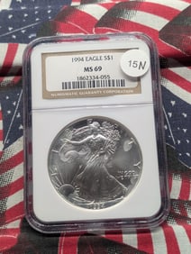 1994 Brilliant, Uncirculated Silver American Eagle Graded MS69 By NGC Grading Company.