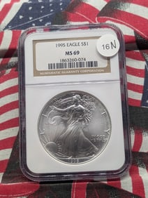 1995 Brilliant, Uncirculated Silver American Eagle Graded MS69 By NGC Grading Company.