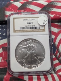 1997 Brilliant, Uncirculated Silver American Eagle Graded MS69 By NGC Grading Company.