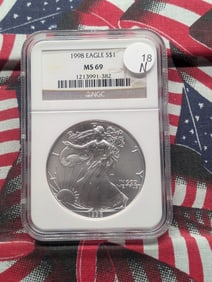 1998 Brilliant, Uncirculated Silver American Eagle Graded MS69 By NGC Grading Company.