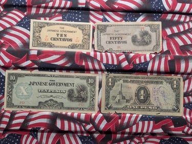 1943 Japan 10, 50 Centavos And 1, 10 Pesos Philippines WWII Military Invasion Currency. 4 Notes.