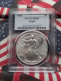 1999 Brilliant, Uncirculated Silver American Eagle Graded MS69 By PCGS Grading Company.