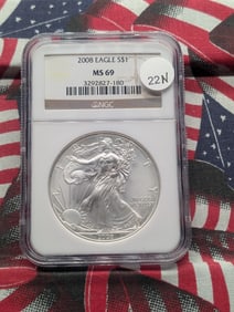 2008 Brilliant, Uncirculated Silver American Eagle Graded MS69 By PCGS Grading Company.