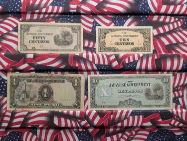 1943 Japan 10, 50 Centavos And 1, 10 Pesos Philippines WWII Military Invasion Currency. 4 Notes.