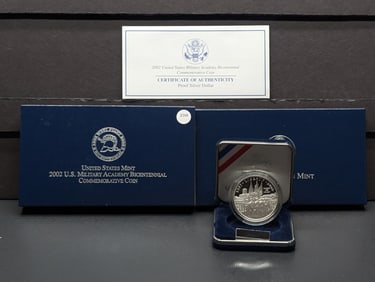 2002-W U.S. Military Academy Bicentennial Comm. Silver Dollar, 90% Silver In OGP With COA