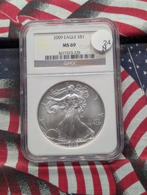 2009 Brilliant, Uncirculated Silver American Eagle Graded MS69 By NGC Grading Company.