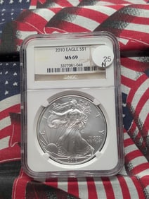 2010 Brilliant, Uncirculated Silver American Eagle Graded MS69 By NGC Grading Company.