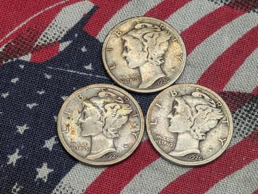 1926-P 1926-D 1926-S Mercury Head Dimes. 3 Coins.