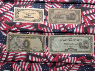 1943 Japan 10, 50 Centavos And 1, 10 Pesos Philippines WWII Military Invasion Currency. 4 Notes.