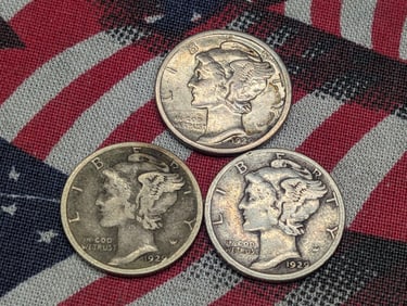 1929-P 1929-D 1929-S Mercury Head Dimes. 3 Coins.