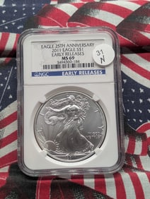 2011 (No Mint Mark) Brilliant, Uncirculated Silver American Eagle Early Release Graded MS69 By NGC