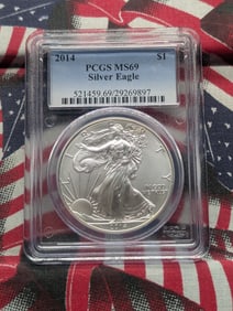 2014 Brilliant, Uncirculated Silver American Eagle Graded MS69 By PCGS Grading Company.