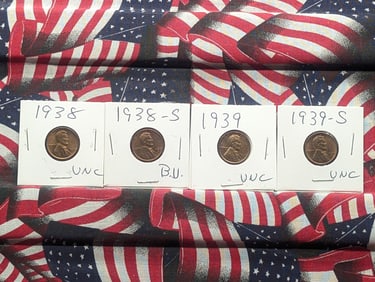 1938-P, 1938-S, 1939-P, & 1939-S Lincoln Wheat Cents, UNC
