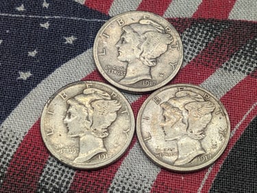 1917-P 1917-D 1917-S Mercury Head Dimes. 3 Coins.