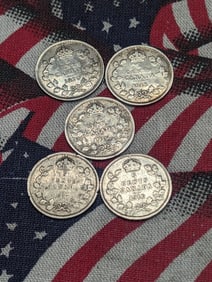 1916, 1917, 1918, 1919 .925 Sterling Silver & 1920 .800 Silver Coin, Details, Canada 5c, Over 100