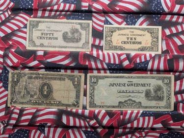 1943 Japan 10, 50 Centavos And 1, 10 Pesos Philippines WWII Military Invasion Currency. 4 Notes.
