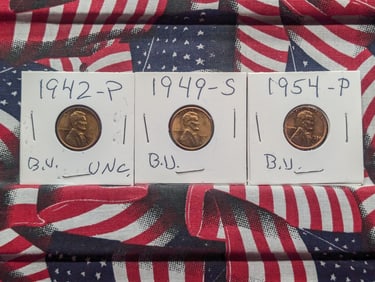 1942-P, 1949-S, & 1954-P Lincoln Wheat Cents, All BU
