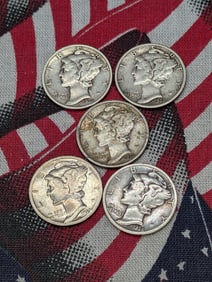 1935-S, 1936-S, 1937-S, 1938-S, 1939-S Mercury Head Dimes. 5 Coins.
