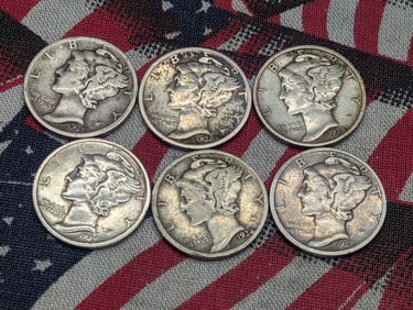 1934 1935 1936 1937 1938 1939 (all D mint marks) Mercury Dimes. 6 Coins