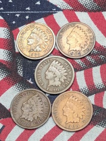 5 Assorted Indian Head Cents, Some Better Grades. No Duplicates