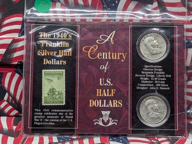1948, 1949 Franklin Half Dollar A Century of U.S. Half Dollars /w Stamp COA